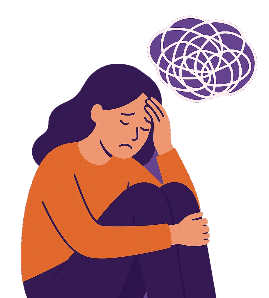 Illustration of a woman sat down with her hand on her head. There is a scribble above her head symbolizing anxiety.