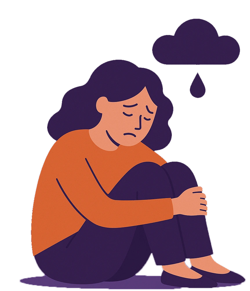 Illustration of a woman sat down looking sad. There is a raincloud above her head symbolizing depression.