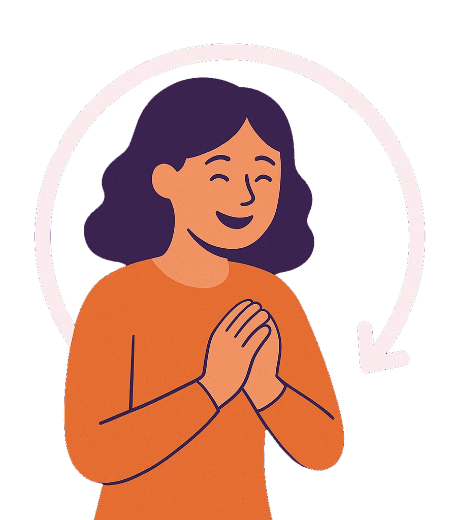 Illustration of a happy woman with her hands together. A looped arrow behind her symbolizes her repeated healthy habits for overcoming OCD.