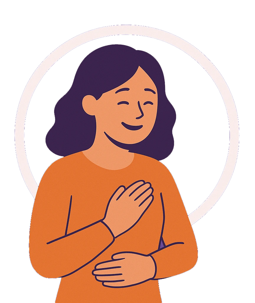 Illustration of a happy women laughing. A white circle behind her symbolizes how beating PTSD can make her feel whole again.