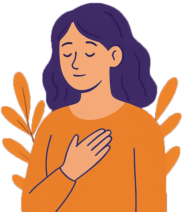 Cartoon image of a woman with her eyes closed and her right hand on her chest.
