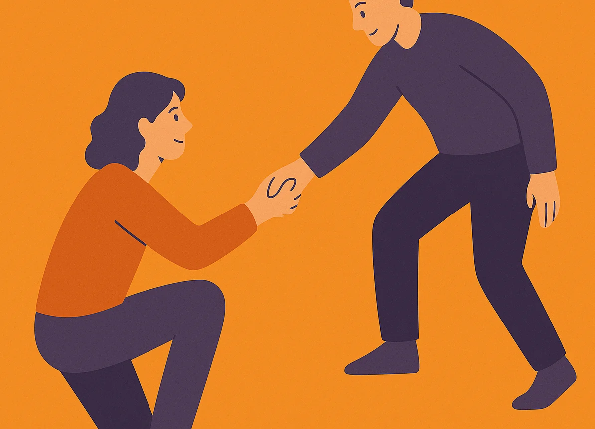 Illustration of a person reaching down to help another person up